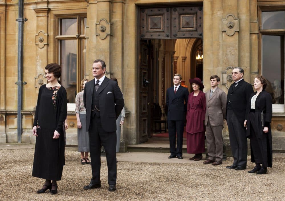 Elizabeth McGovern as Lady Grantham, Hugh Bonneville as Lord Grantham, Dan Stevens as Matthew Crawley, Penelope Wilton as Isobel Crawley, Allen Leech as Tom Branson, Jim Carter as Mr. Carson, and Phyllis Logan as Mrs. Hughes, from the TV series, &quot;Downton Abbey.&quot; (PBS, Carnival Film &amp; Television Limited 2012 for MASTERPIECE, Nick Briggs/AP)