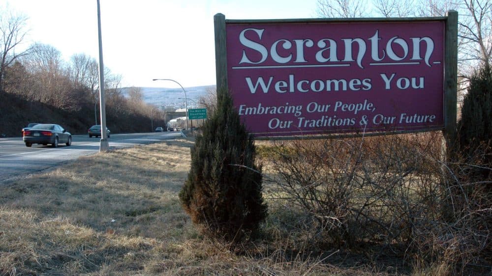A sign welcoming visitors to Scranton, Pa., where the NBC series &quot;The Office&quot; is set. (Ed Koskey Jr./AP)