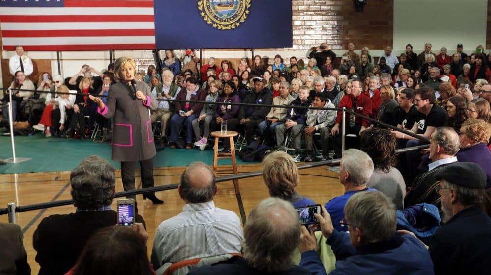 Democratic presidential candidate Hillary Clinton speaks to several hundred area residents during a town hall style meeting in the gymnasium at the McConnell Center on Thursday in Dover, New Hampshire. (Jim Cole/AP)