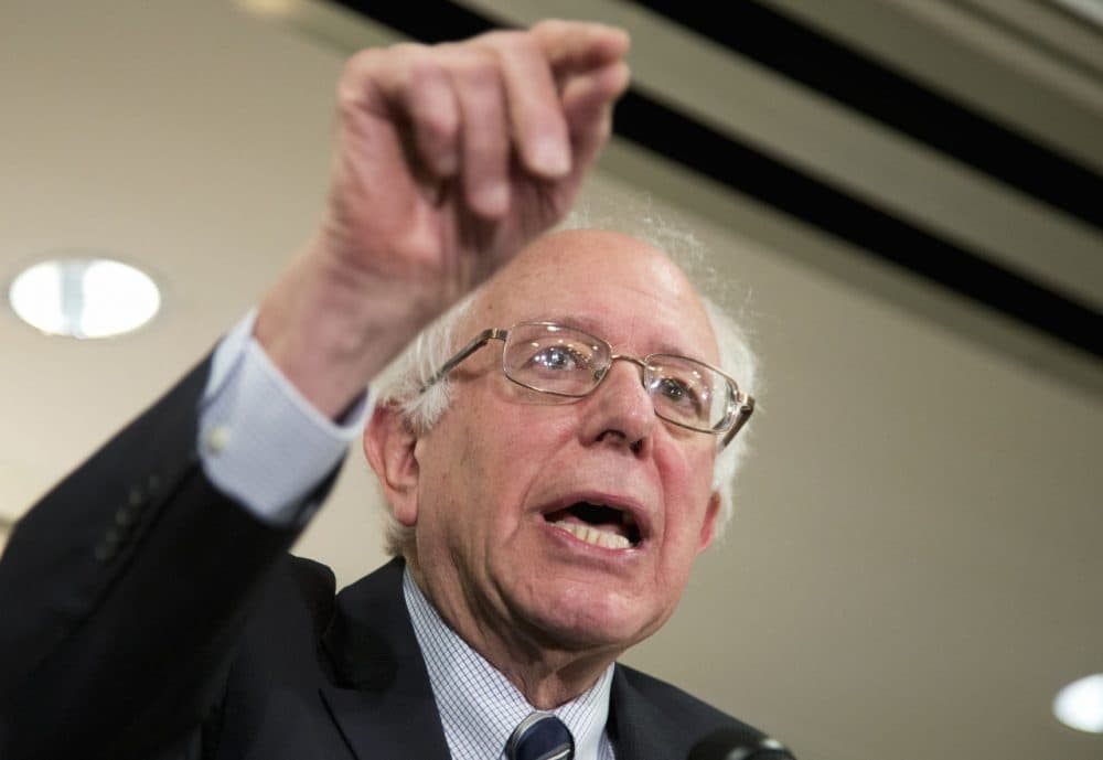 Democratic presidential candidate Bernie Sanders speaks to reporters and members of the Communication Workers of America, following the union's endorsement of Sanders on Thursday.   (Manuel Balce Ceneta/AP)