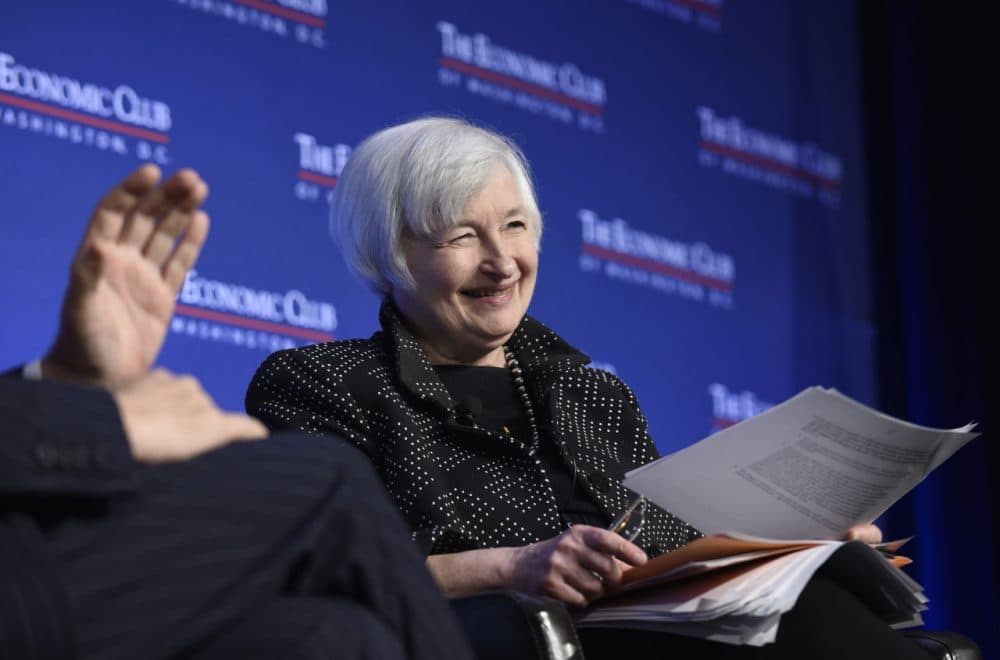 Federal Reserve Chair Janet Yellen answers a question from President of the Economic Club of Washington David Rubinstein while speaking at the Economics Club of Washington in Washington, Wednesday, Dec. 2, 2015. (AP Photo/Susan Walsh)
