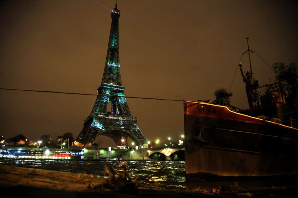 An artwork entitled 'One Heart One Tree' by artist Naziha Mestaoui is displayed on the Eiffel tower ahead of the 2015 Paris Climate Conference, in Paris, Sunday, Nov. 29, 2015. U.N. Secretary-General Ban Ki-moon will launch two weeks of climate talks starting Monday aiming at a long-term global agreement for all countries to reduce man-made emissions that heat the planet. (AP Photo/Thibault Camus)