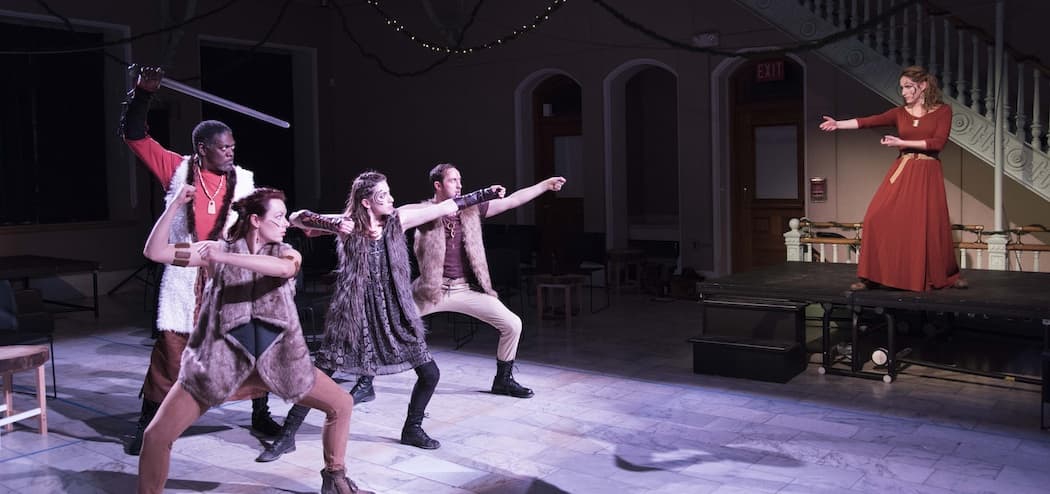  Johnny Lee Davenport (rear), Rachel Wiese, Rebecca Lehrhoff, Jesse Garlick and Amanda Gann in &quot;Beowulf&quot; at the Poets' Theatre. (Courtesy Andrew Brilliant/Brilliant Pictures/Poets' Theatre)