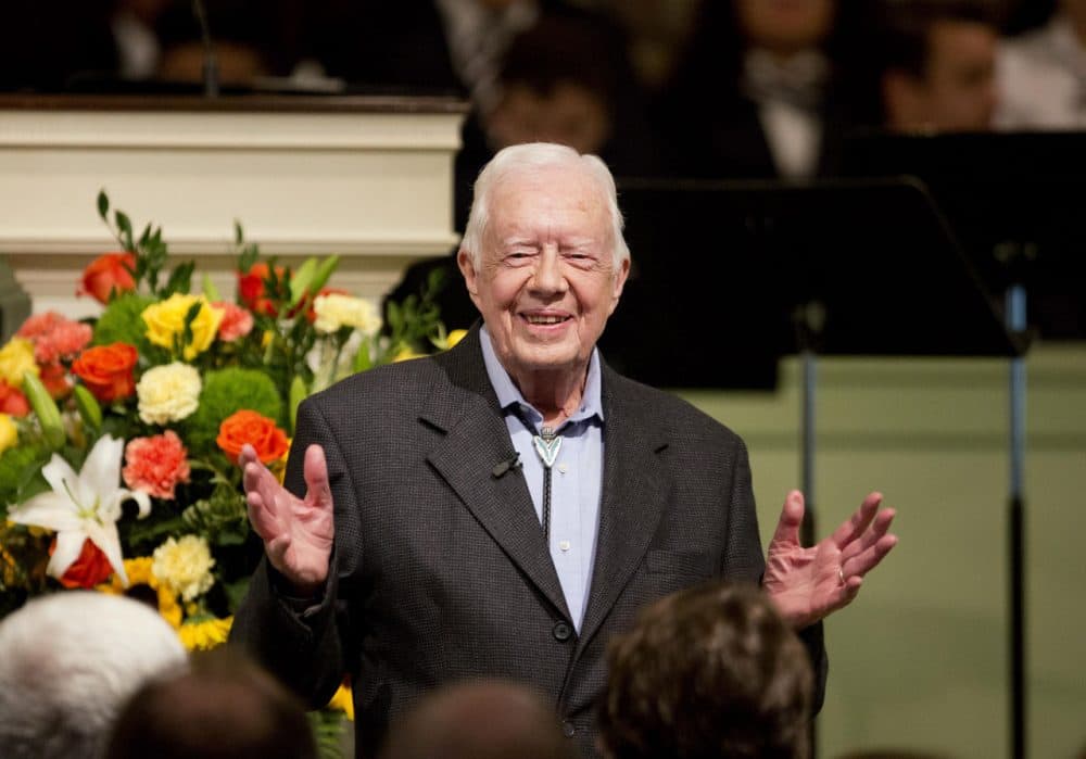 Former President Jimmy Carter at Maranatha Baptist Church, where he announced on Sunday that his recent MRI was clear of melanoma lesions. (AP Photo/David Goldman)