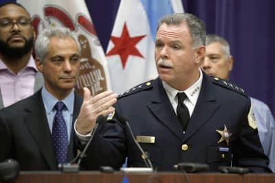In this Nov. 24, 2015 file photo, Chicago Police Superintendent Garry McCarthy, right, speaks about first-degree murder charges against police officer Jason Van Dyke in the death of 17-year-old Laquan McDonald, as Mayor Rahm Emanuel looks on at left. Emanuel announced at a news conference Tuesday, Dec. 1, 2015, that McCarthy has been fired after a public outcry over the handling of the case. (AP Photo/Charles Rex Arbogast, File)