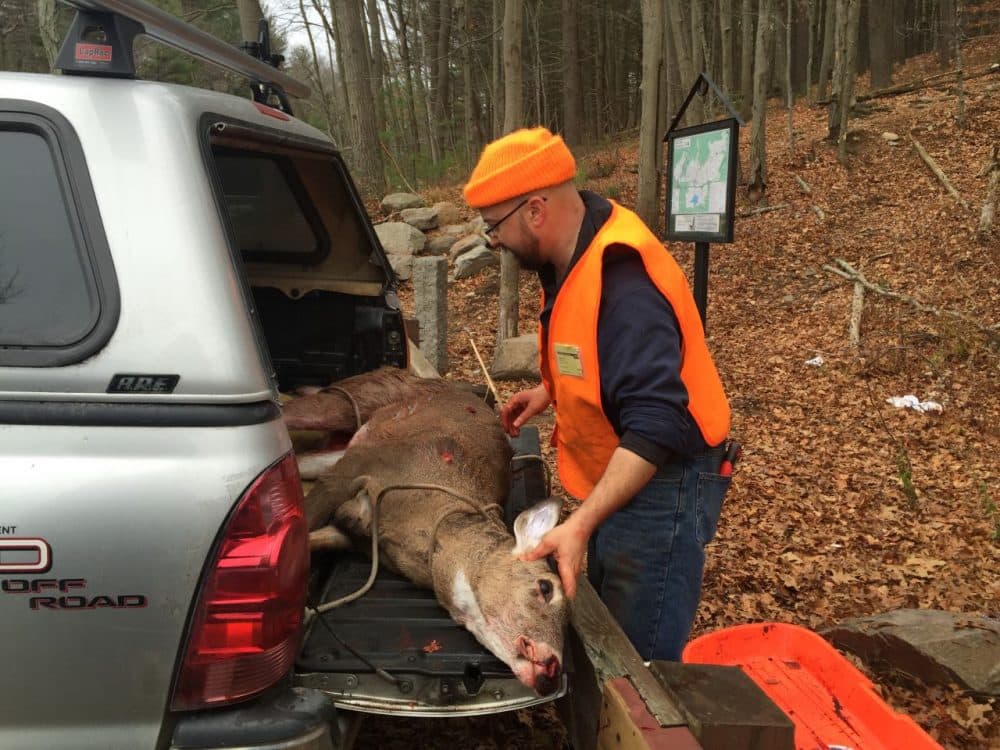 Aaron Hurst hoists one of four deer he shot during last week's hunt. (Fred Thys/WBUR)