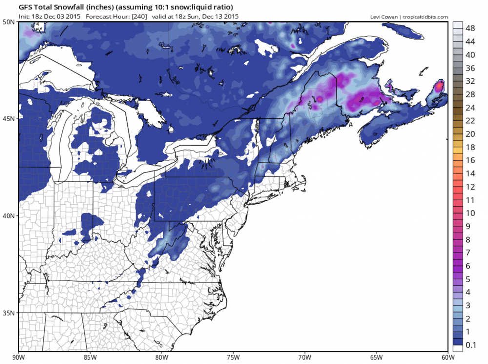 A prediction of the snow forecast to fall through Dec. 12 -- not very much. (Courtesy Tropical Tidbits) 