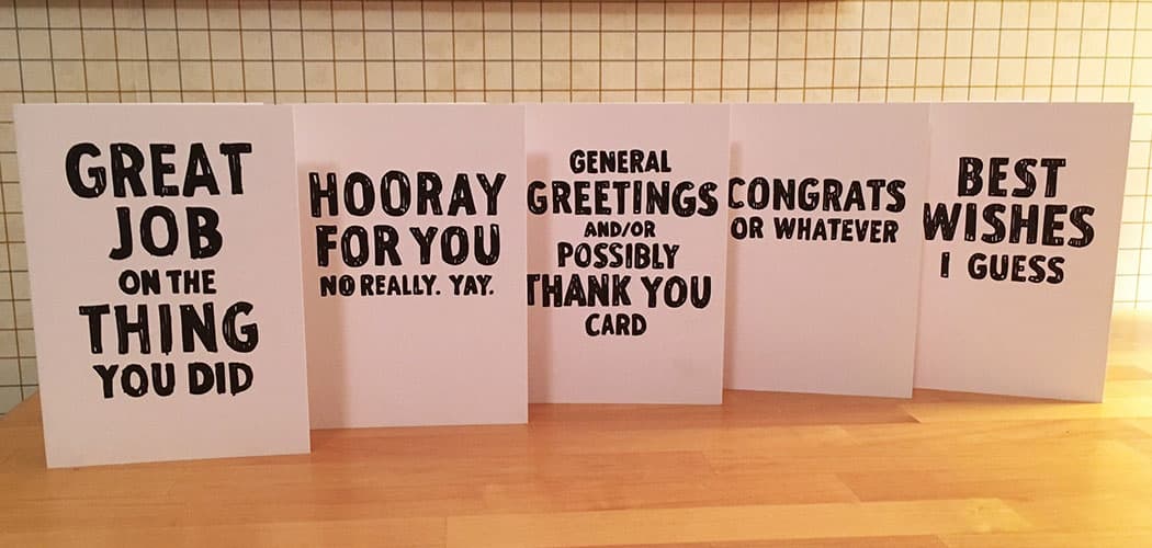 Tim McCool's set of &quot;General Greetings and/or Possibly Thank You Cards.&quot; (Courtesy of Tim McCool)