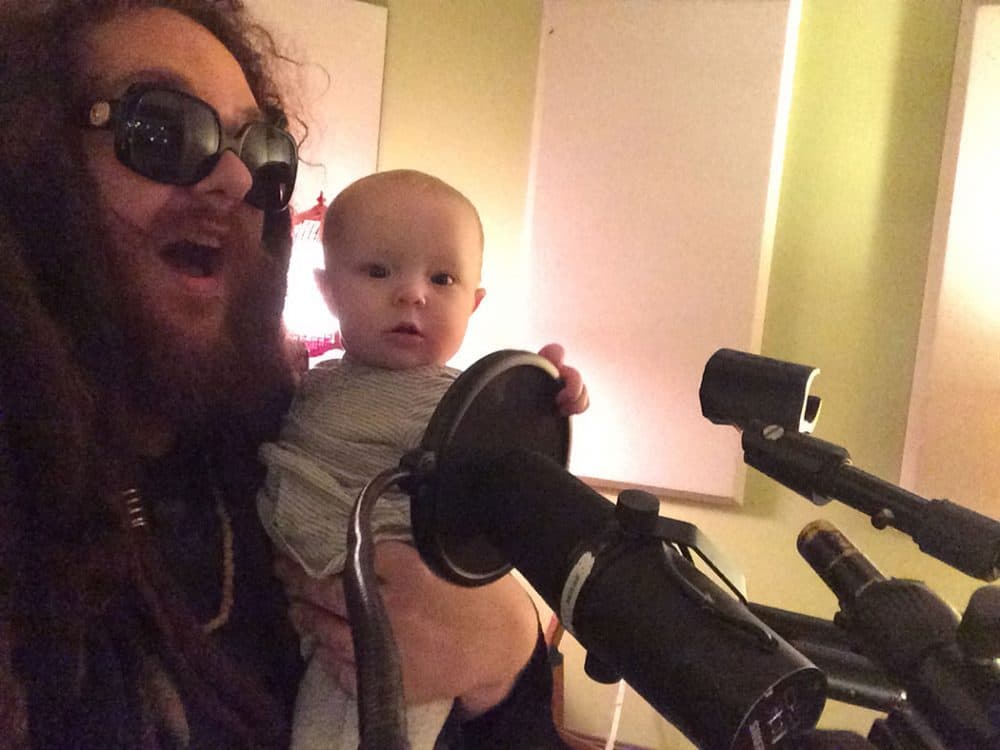 Walter Sickert of Walter Sickert and the Army of Broken Toys with his daughter Wednesday Alice during a session at The Recording Company. (Courtesy)
