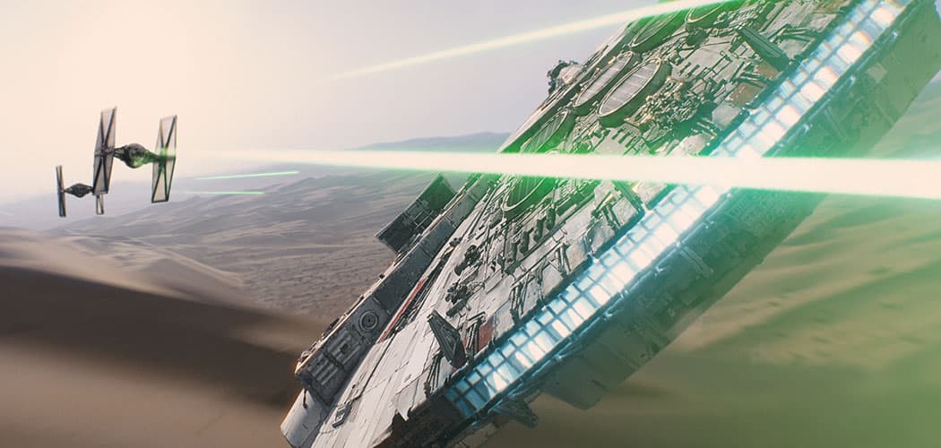 The Millennium Falcon gets into one of the astonishing dogfights in “Star Wars: The Force Awakens.&quot; (Courtesy of Walt Disney Studios)
