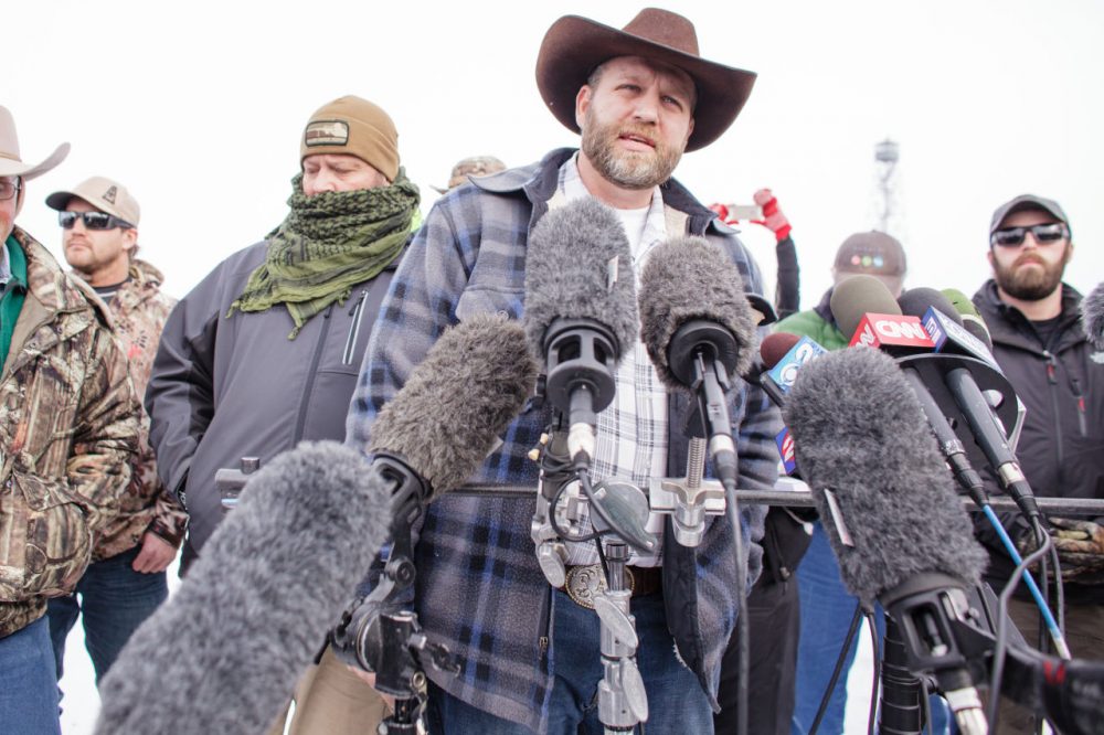 Ammon Bundy speaks to the media as the leader of a group of armed anti-government protesters who have taken over the Malheur National Wildlife Refuge Headquarters near Burns, Oregon, January 4, 2016. (Rob Kerr/AFP/Getty Images)