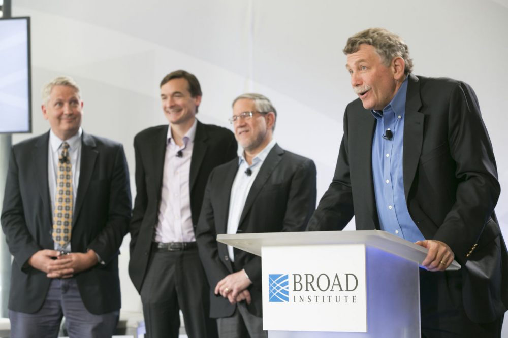 In 2014, Broad Institute announced a $650 million commitment to its Stanley Center for Psychiatric Research, aiming to galvanize mental illness research. (R-L) Eric Lander, Steve Hyman, Steve McCarroll and Ken Duckworth. (Feature Photo Service/David Fox for Broad Institute)