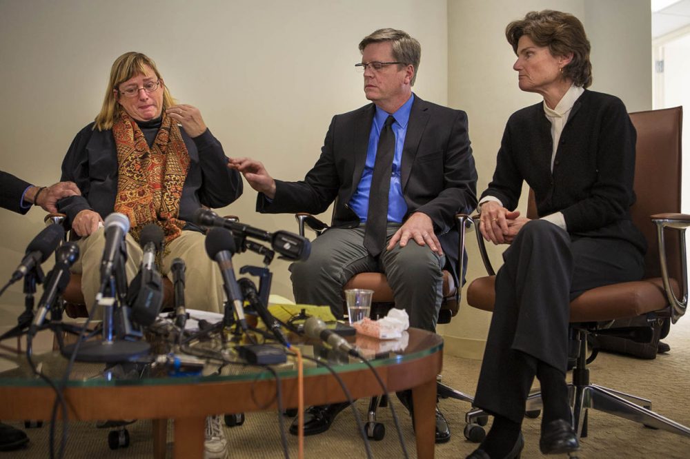 Three former students of St. George's, a private Episcopalian boarding school in Rhode Island, were in Boston Tuesday to discuss the sexual abuse they say they experienced at the school. From right to left: Katie Wales, Harry Groome and Anne Scott. (Jesse Costa/WBUR)