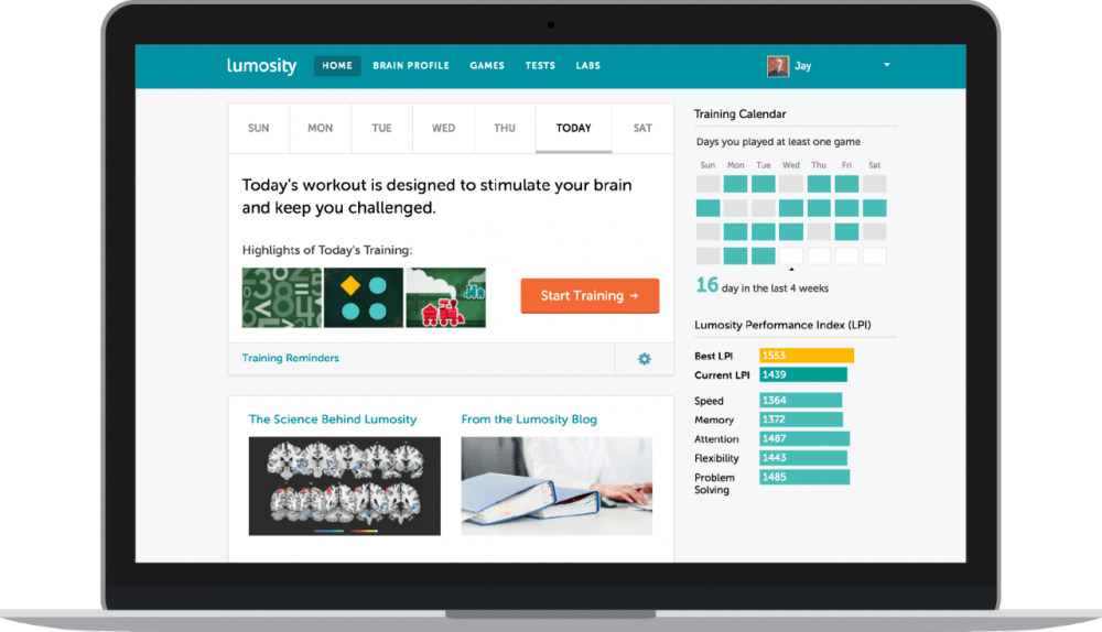 The Lumosity interface is pictured in this image from lumosity.com.