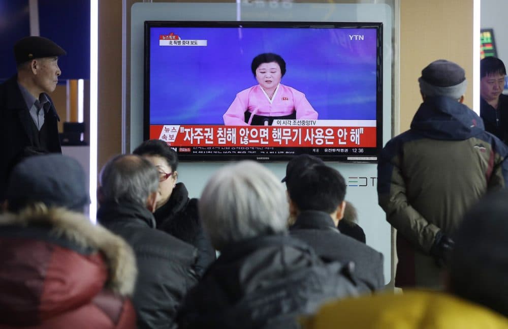 People watch a TV news program showing North Korea's announcement, at the Seoul Railway Station in Seoul, South Korea, Wednesday, Jan. 6, 2016. North Korea said Wednesday it had conducted a hydrogen bomb test, a defiant and surprising move that, if confirmed, would put Pyongyang a big step closer toward improving its still-limited nuclear arsenal. The letters read &quot;Will not use nuclear weapon if autonomy secured.&quot;  (Ahn Young-joon/AP)