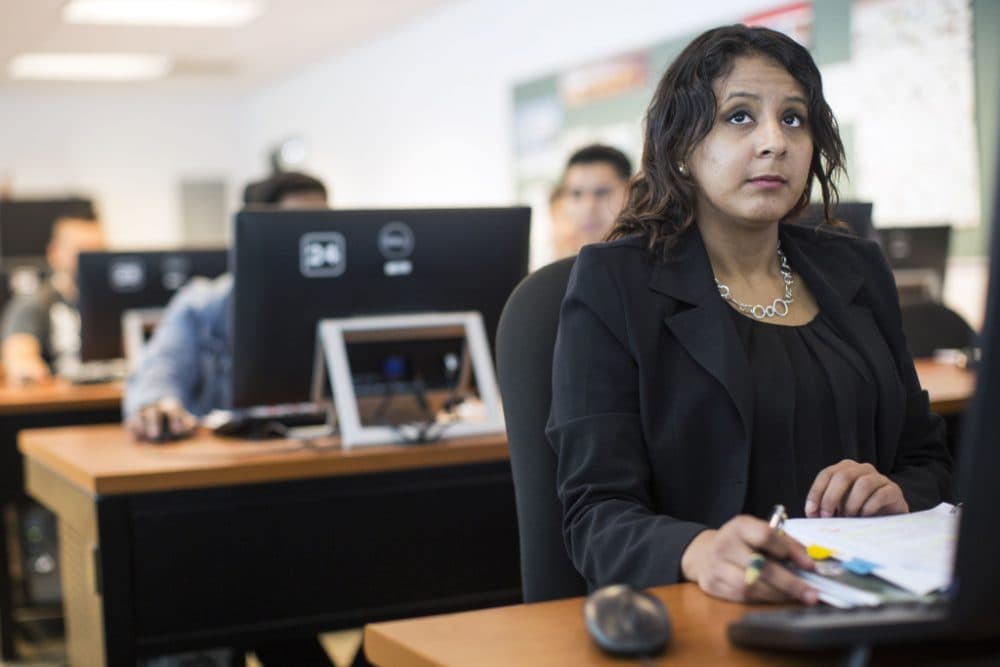 Gabriella Tovar, 26, takes part in an inventory management class in the Technology &amp; Logistics Program at East Los Angeles College on Tuesday, Dec. 8, 2015. Tovar just finished her Associate degree at another college and is interested in a job in public relations or marketing within a logistics company. (Maya Sugarman/KPCC)