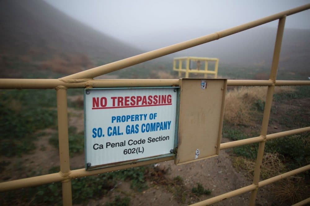 The boundary of Southern California Gas Company property, where Aliso Canyon Storage Field is located, is seen as people continue to be affected by a massive natural gas leak in the Porter Ranch neighborhood of the of the San Fernando Valley region of Los Angeles, California, on December 22, 2015. (David McNew/AFP/Getty Images)