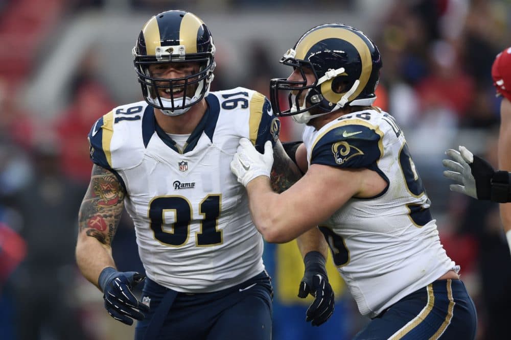 Chris Long #91 of the St. Louis Rams celebrates after a sack of Blaine Gabbert #2 of the San Francisco 49ers during their NFL game at Levi's Stadium on January 3, 2016 in Santa Clara, California. (Thearon W. Henderson/Getty Images)