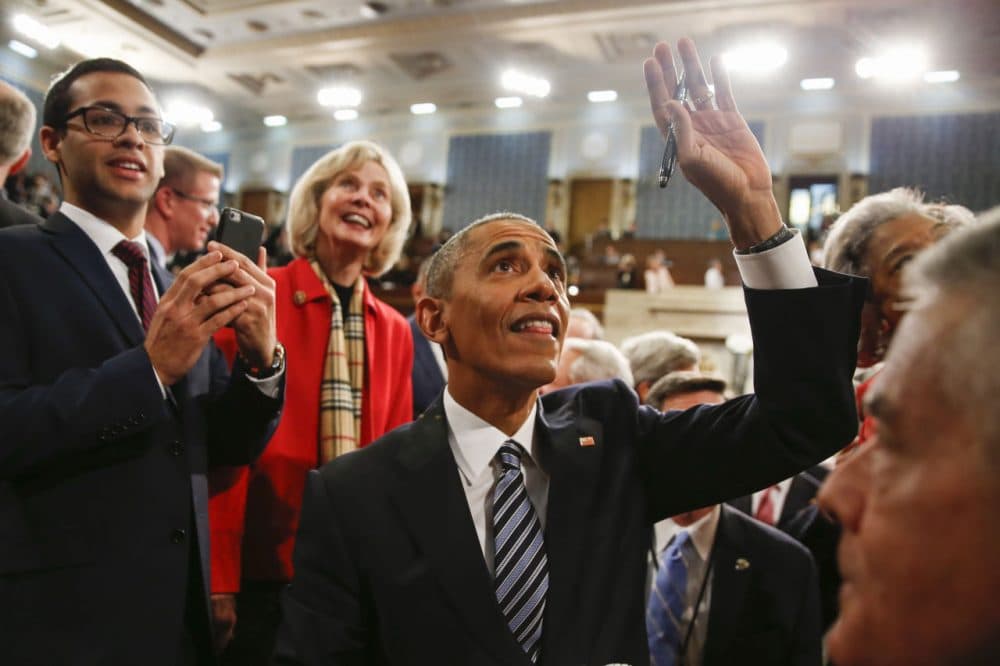 President Barack Obama waves as he walks back up the aisle at conclusion of his State of the Union address to a joint session of Congress on Capitol Hill January 12, 2016 in Washington, D.C.  In his final State of the Union, President Obama reflected on the past seven years in office and spoke on topics including climate change, gun control, immigration and income inequality. (Evan Vucci/Getty Images)