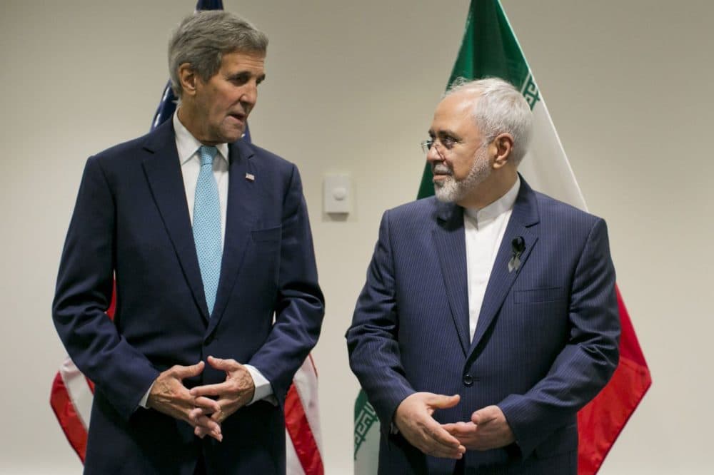 United States Secretary of State John Kerry poses with Foreign Affairs Minister of Iran Javad Zarif during a bilateral talk at the United Nations headquarters on September 26, 2015, at the United Nations in New York. (Dominick Reuter/AFP/Getty Images)