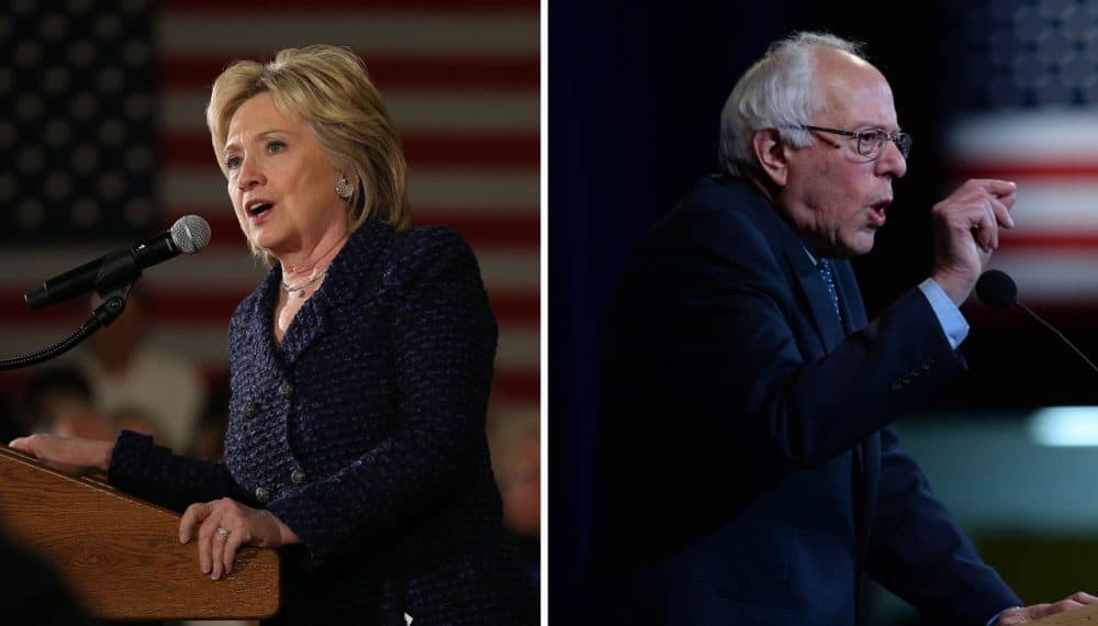 Left: Hillary Clinton speaks in Waterloo, Iowa on January 11, 2016. (Joe Raedle/Getty Images) Right: Bernie Sanders speaks in Manchester, New Hampshire on November 29, 2015. (Darren McCollester/Getty Images) 