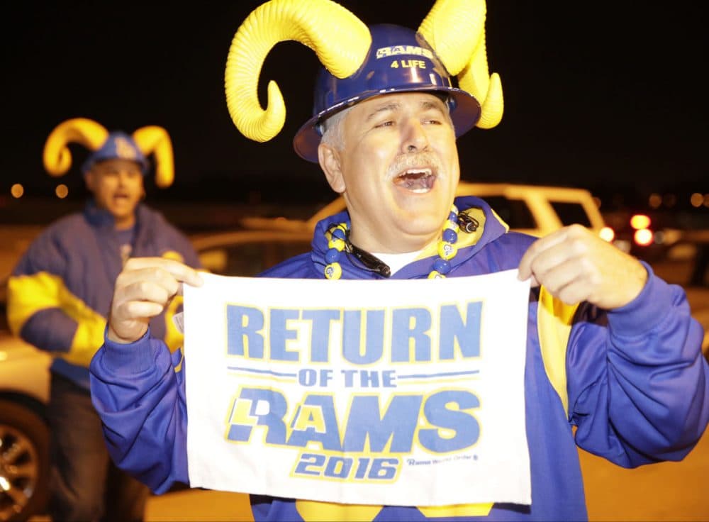 After 21 years in St. Louis, the Rams are heading to Los Angeles. The relocation is being warmly received in L.A.-- The Rams left the city in 1995 after being there since 1946.  (AP Photo/Damian Dovarganes)