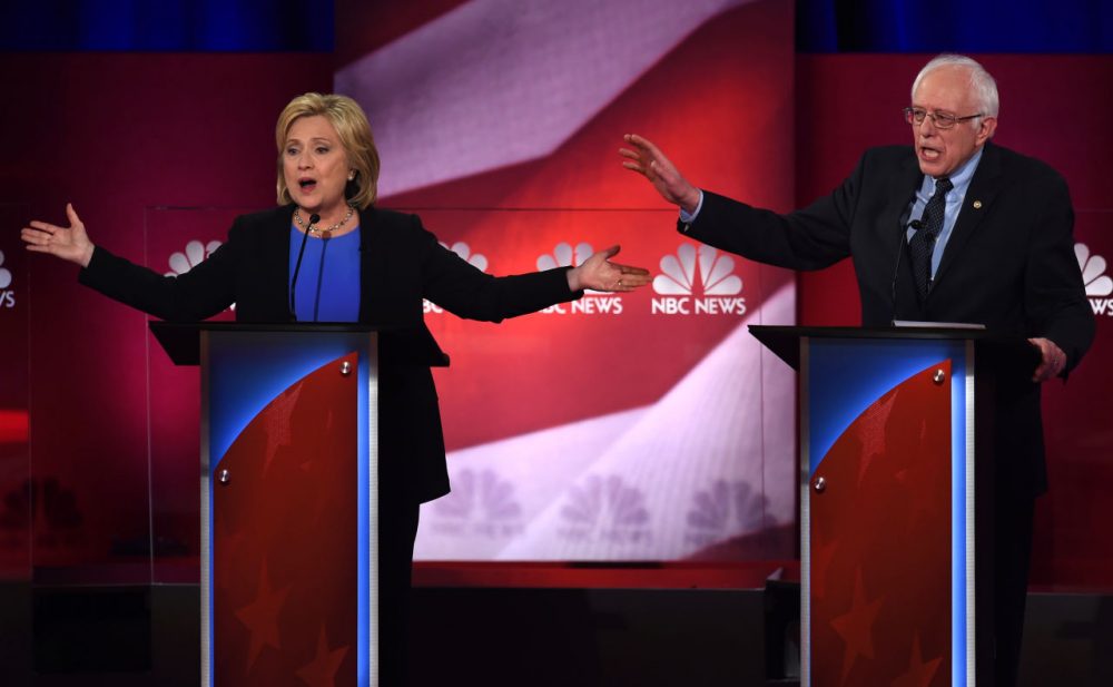 Democratic presidential candidates Hillary Clinton and Bernie Sanders participate in the NBC News -YouTube Democratic Candidates Debate on January 17, 2016 at the Gaillard Center in Charleston, South Carolina. (Timothy A. Clary/AFP/Getty Images)