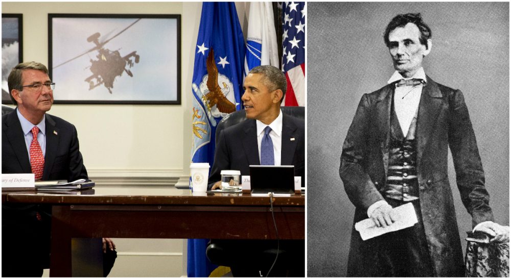 In the photo on the left, U.S. Defense Secretary Ash Carter and President Obama are pictured during an update on the Islamic State at the Pentagon on July 6, 2015. On the right,  President Abraham Lincoln is pictured in an undated portrait. (AP photos)
