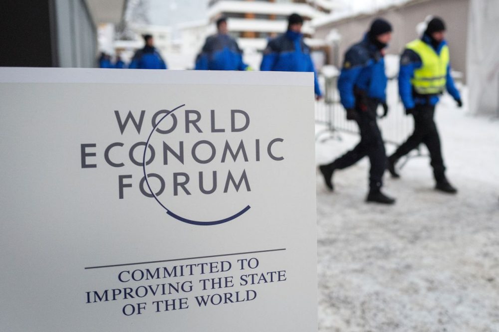 Swiss police officers take position during the World Economic Forum annual meeting in Davos, on January 20, 2016. (Fabrice Coffrini/AFP/Getty Images)