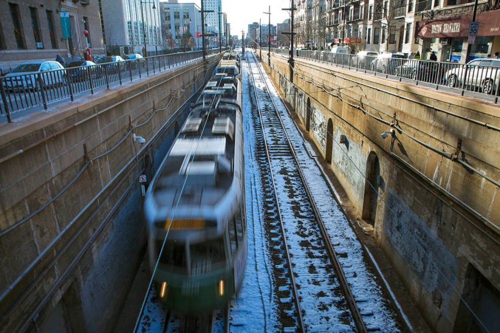 An MBTA Green Line train heads into a tunnel on Huntington Avenue. (Jesse Costa/WBUR)