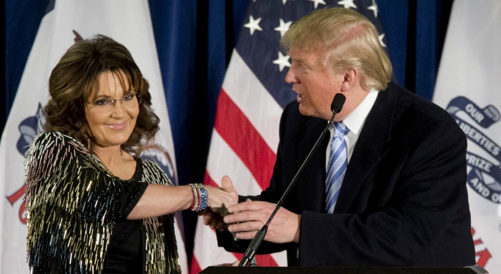 Steve Almond: Sarah Palin isn’t a pioneer or a progenitor to Donald Trump. Her job is to put on her makeup and fancy outfits and laugh at his jokes. In this photo, the former Alaska Gov., left, endorses Republican presidential candidate Trump during a rally at the Iowa State University, Tuesday, Jan. 19, 2016. (Mary Altaffer/ AP)