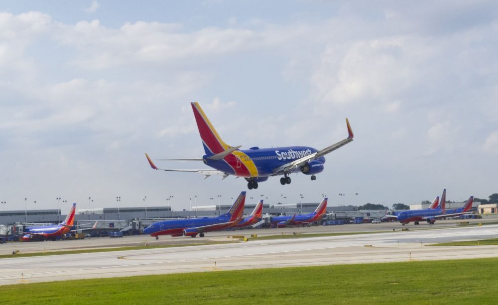 A Southwest airlines plane lands at Chicago's Midway Airport in Chicago on September 24, 2015.      (Karen Bleier/AFP/Getty Images)