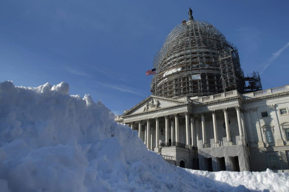 A pile of shoveled snow stands in the plaza on the east side of the U.S. Capitol January 21, 2016 in Washington, DC. One inch of snowfall delayed school openings in the greater Washington, DC, area on Thursday as people along the Easter Seaboard prepare for a blizzard to arrive within the next 24 hours.  (Chip Somodevilla/Getty Images)