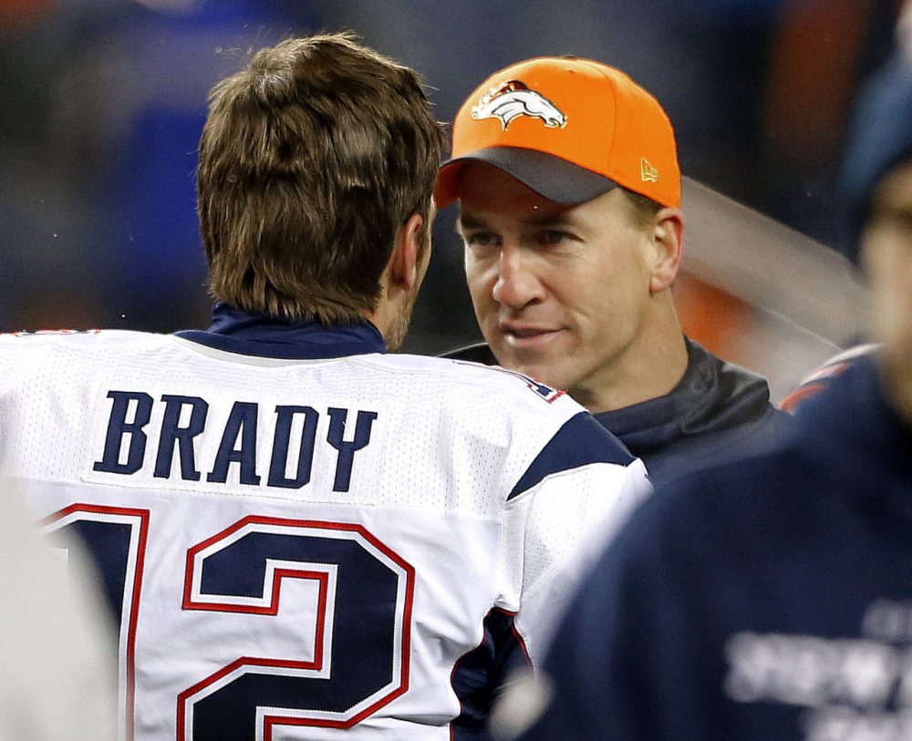 Gary Myers delves into the rivalry between New England Patriots quarterback Tom Brady and Denver Broncos quarterback Peyton Manning. The two will meet again in Sundays AFC Championship. (AP Photo/Joe Mahoney)