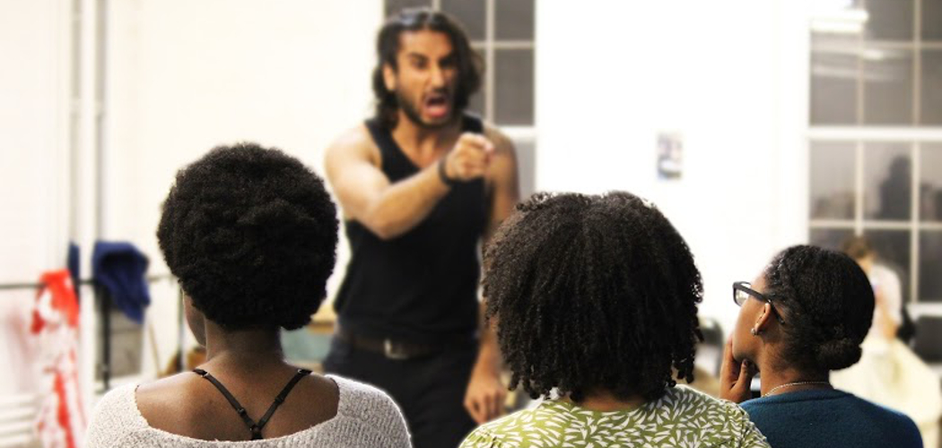 Harsh Gagoomal (top) rehearses for &quot;An Octoroon&quot; with fellow actors Obehi Janice, Amelia Lumpkin and Elle Borders. (Courtesy Lauren Miller/Company One)