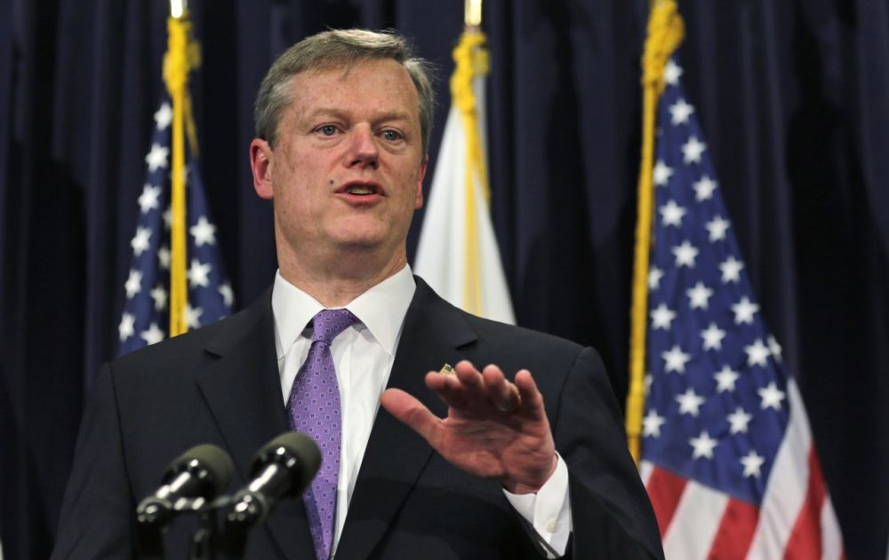 Mass. Gov. Charlie Baker unveils his 2016 budget proposal in March 2015. (Charles Krupa/AP)