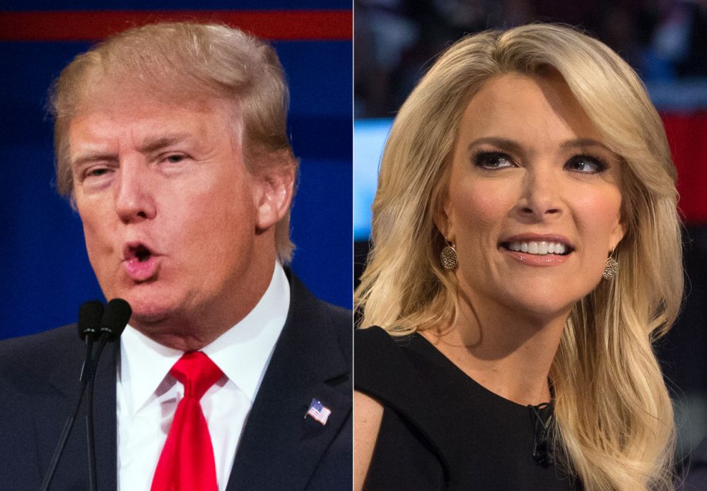 This file photo combination made from Aug. 6, 2015, photos shows Republican presidential candidate Donald Trump, left, and Fox News Channel host and moderator Megyn Kelly during the first Republican presidential debate at the Quicken Loans Arena, in Cleveland. (John Minchillo/AP)