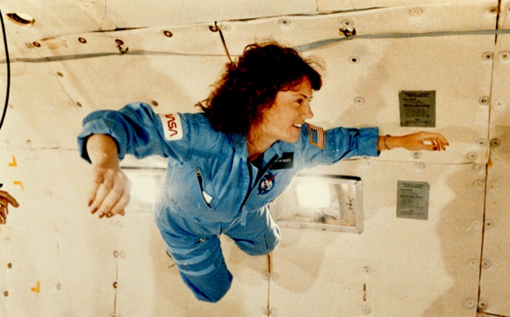 Christa McAuliffe experiences weightlessness during pre-flight training exercises known as a &quot;vomit comet.&quot; (Keith Meyers of the New York Times via Wikimedia Commons)