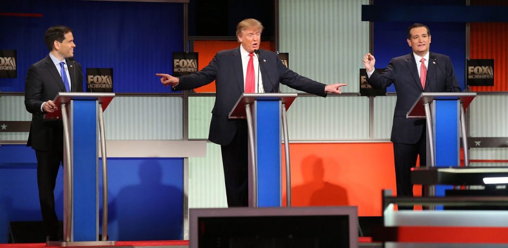Republican presidential candidates (L-R) Sen. Marco Rubio (R-FL), Donald Trump and Sen. Ted Cruz (R-TX) participate in the Fox Business Network Republican presidential debate at the North Charleston Coliseum and Performing Arts Center on January 14, 2016 in North Charleston, South Carolina. The sixth Republican debate was held in two parts, one main debate for the top seven candidates, and another for three other candidates lower in the current polls.  (Scott Olson/Getty Images)