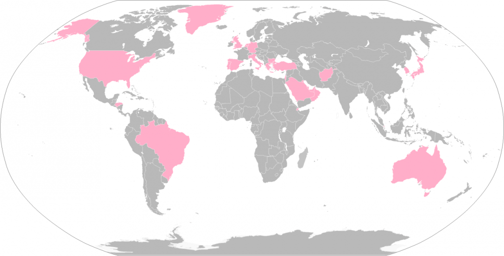 Countries with U.S. military bases, excluding U.S. Coast Guard, are highlighted. (Wikimedia Commons)