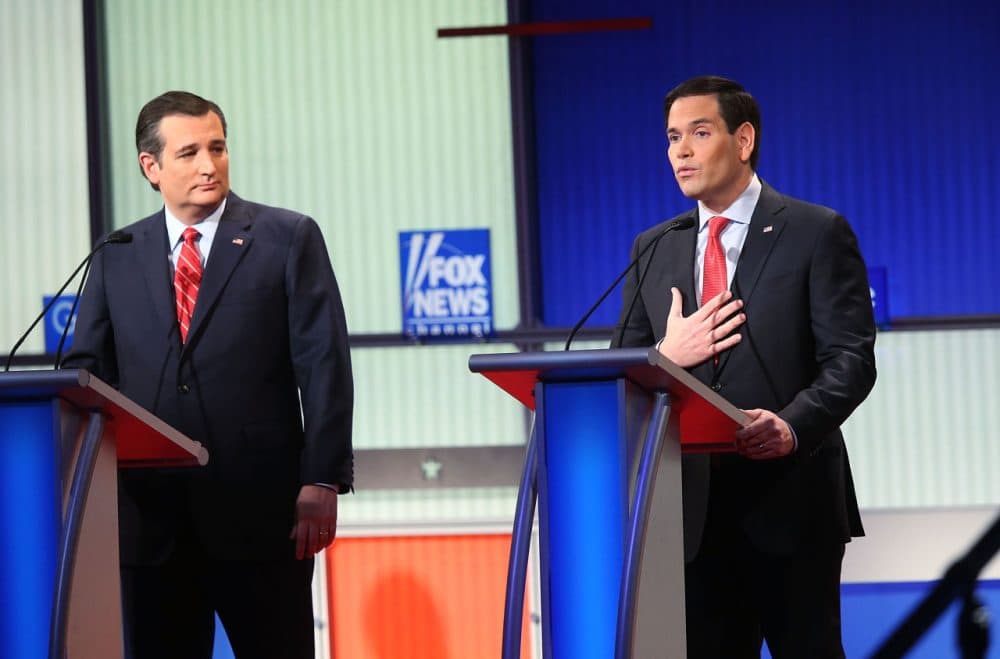 Republican presidential candidates Sen. Ted Cruz (R-TX) and Sen. Marco Rubio (R-FL) participate in the Fox News - Google GOP Debate on January 28, 2016, at the Iowa Events Center in Des Moines, Iowa. Residents of Iowa will vote for the Republican nominee at the caucuses on February 1. Donald Trump, who is leading most polls in the state, decided not to participate in the debate.  (Scott Olson/Getty Images)