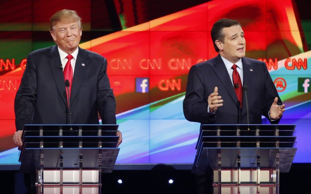 The controversy around Ted Cruz's citizenship is being fueled by Donald Trump, but a prominent constitutional scholar from Harvard, who actually taught Ted Cruz in the 1980s, says by Cruz's own logic he's not eligible for the presidency. Pictured here, Trump and Cruz at a debate last month. (John Locher/AP)