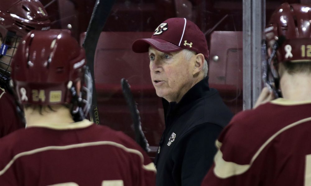 On Friday, Boston College's Jerry York became the first college men's hockey coach to reach 1,000 wins.(Charles Krupa/AP)