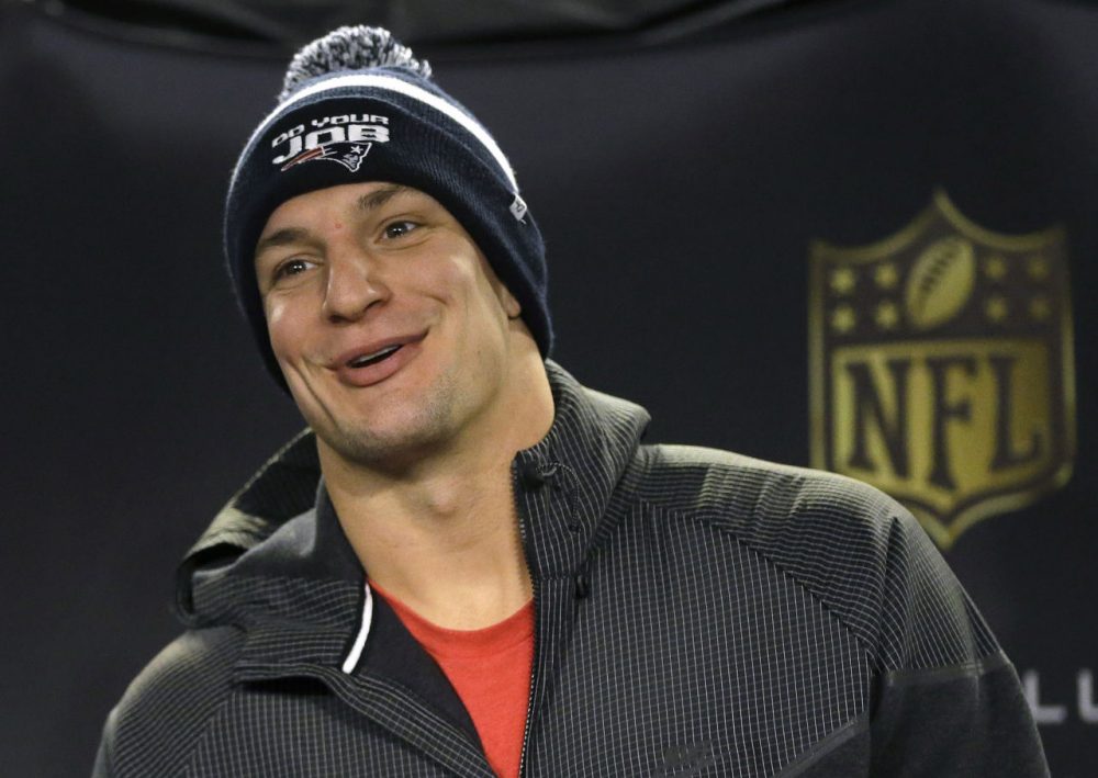 New England Patriots tight end Rob Gronkowski talks to reporters before practice Thursday in Foxborough. (Steven Senne/AP)