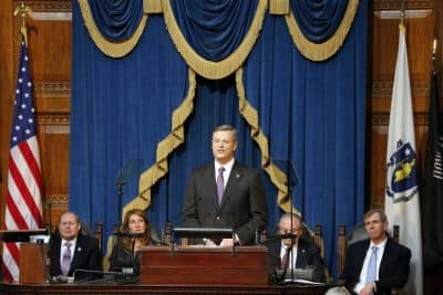 Massachusetts Gov. Charlie Baker delivers his State of the Commonwealth address at the State House Thursday night. (Michael Dwyer/AP)