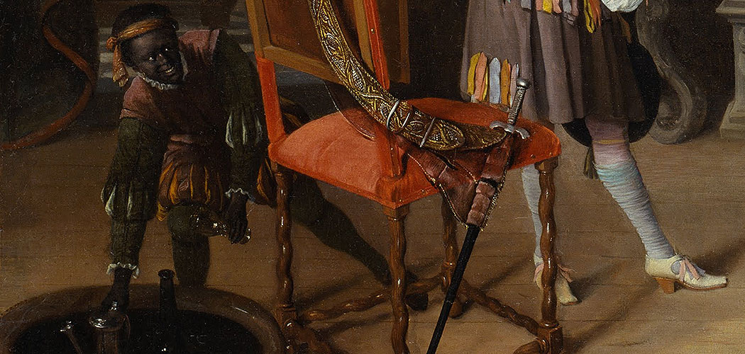 Detail of Jan Steen, Dutch (1626-1679). &quot;Fantasy Interior with Jan Steen and the Family of Gerrit Schouten,&quot; ca. 1659-1660. Oil on canvas, 33 3/8 x 39 13/16 inches. The Nelson-Atkins Museum of Art, Kansas City, Missouri. Purchase: William Rockhill Nelson Trust, 67-8. (Courtesy of The Nelson-Atkins Museum of Art, Kansas City, Missouri)