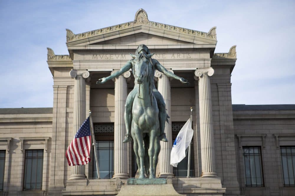 &quot;Appeal to the Great Spirit&quot;, a 1909 equestrian statue by Cyrus Dallin in front of the MFA. (Jesse Costa/WBUR)
