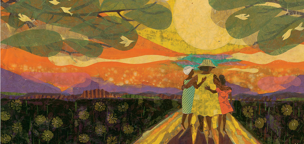 Detail of &quot;In 1954, me and Pap adopted two little girls.&quot; From “Voice of Freedom.” Text copyright 2015 by Carole Boston Weatherford. Illustrations copyright 2015 by Ekua Holmes. Reproduced by permission of the publisher, Candlewick Press, Somerville, Mass. (Courtesy of Candlewick Press)