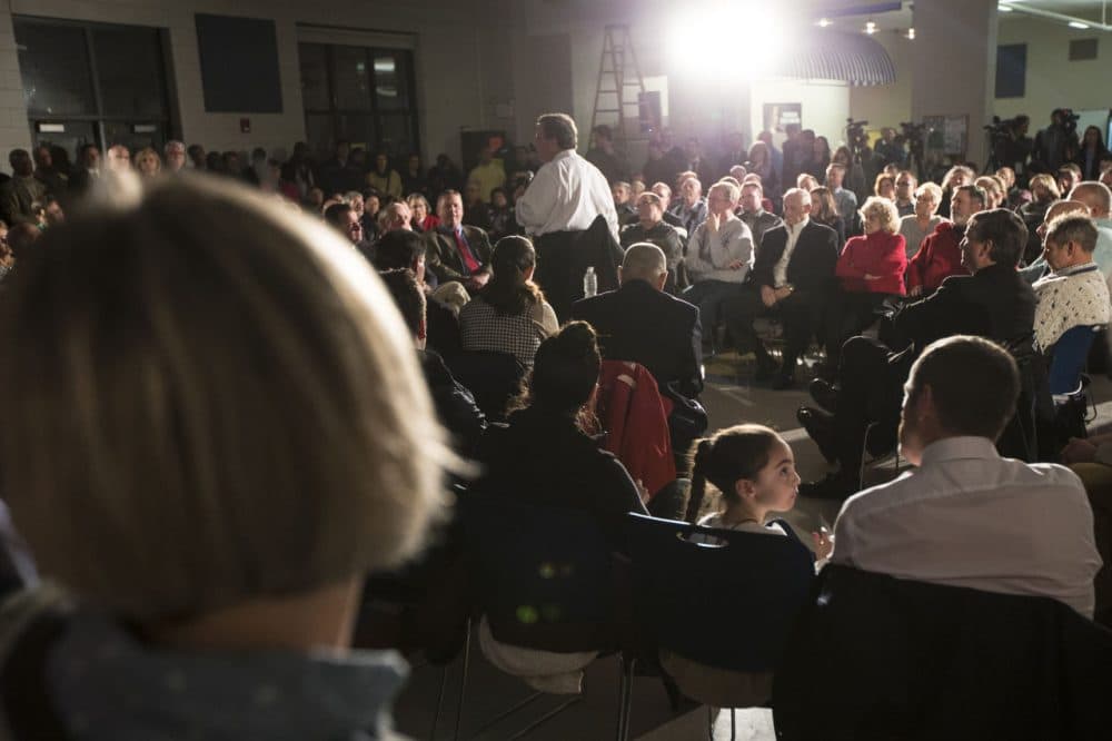 A town hall meeting with Republican presidential candidate, New Jersey Gov. Chris Christie during a campaign stop at Gilbert H. Hood Middle School in Concord, N.H.  on Wednesday, Jan. 20. (John Minchillo/AP)