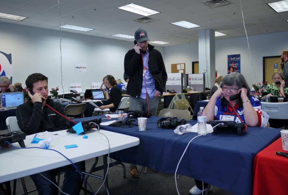 The Ted Cruz campaign office in Urbandale, Iowa, was packed with volunteers making phone calls this weekend. (Alex Ashlock/Here &amp; Now)